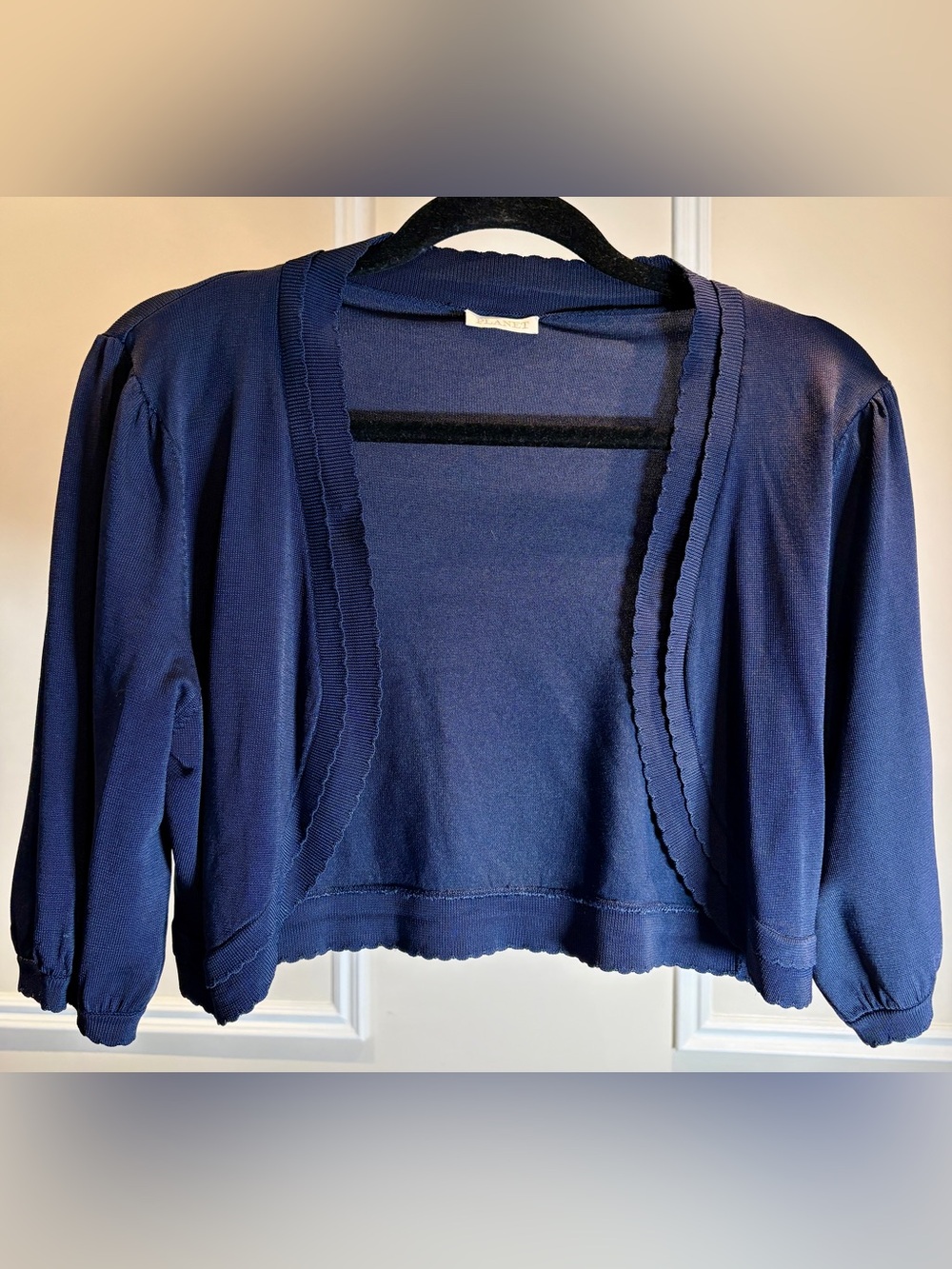 Open-Front Navy Cropped Shrug with Scalloped Trim